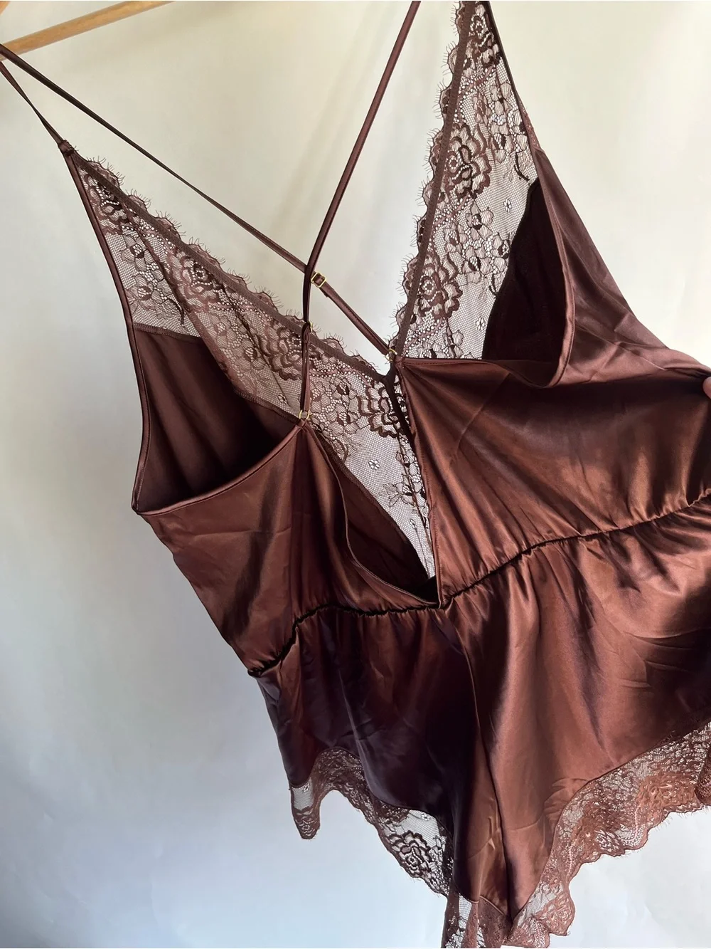 Mentionables Romper Chocolate Brown Satin And Lace Cross Back Sz 2X Adjustable